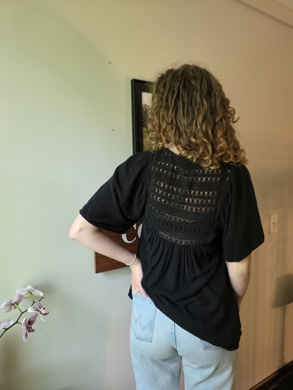 Billabong Black Short Sleeve Top with Crochet Back